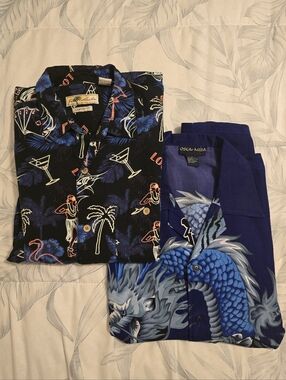 Lot of 2 Men's Button Down Shirts.  Hawaiian Print and Asian/Tattoo Inspired.
